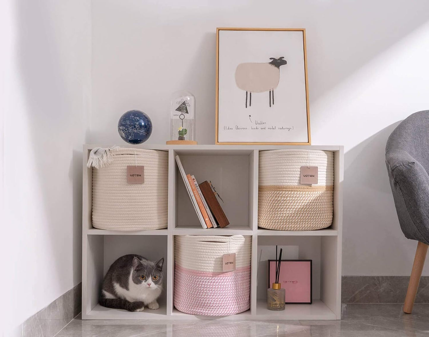 Cube Storage Baksets Bins 11X11’’ Fit 12X12’’ Organizer Bookcases Shelving,Stylish&Durable Woven Cotton Basket Containers for Organizing 3-Pack off White/Mixed Camel