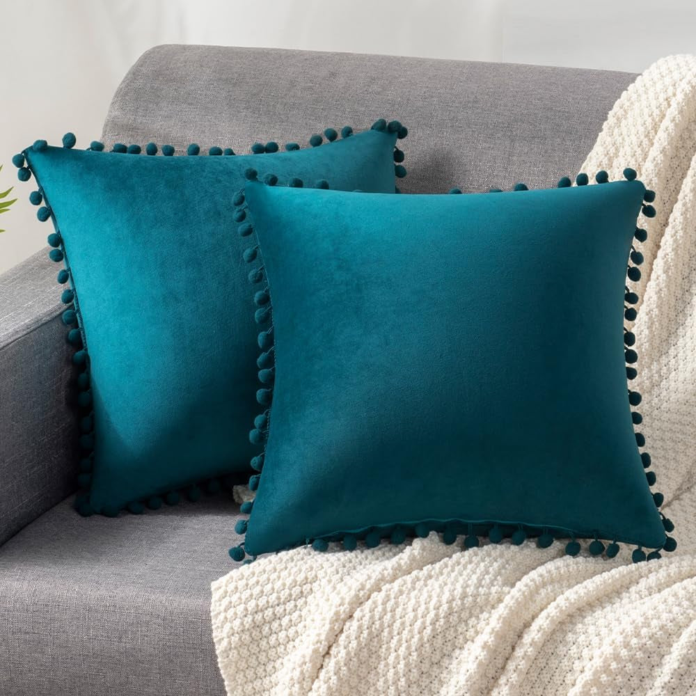 Throw Pillow Cases 18X18 Teal: 2 Pack Cozy Soft Pom-Poms Velvet Square Decorative Pillow Covers for Farmhouse Home Decor