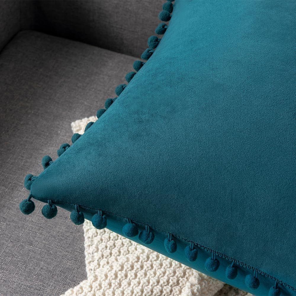Throw Pillow Cases 18X18 Teal: 2 Pack Cozy Soft Pom-Poms Velvet Square Decorative Pillow Covers for Farmhouse Home Decor