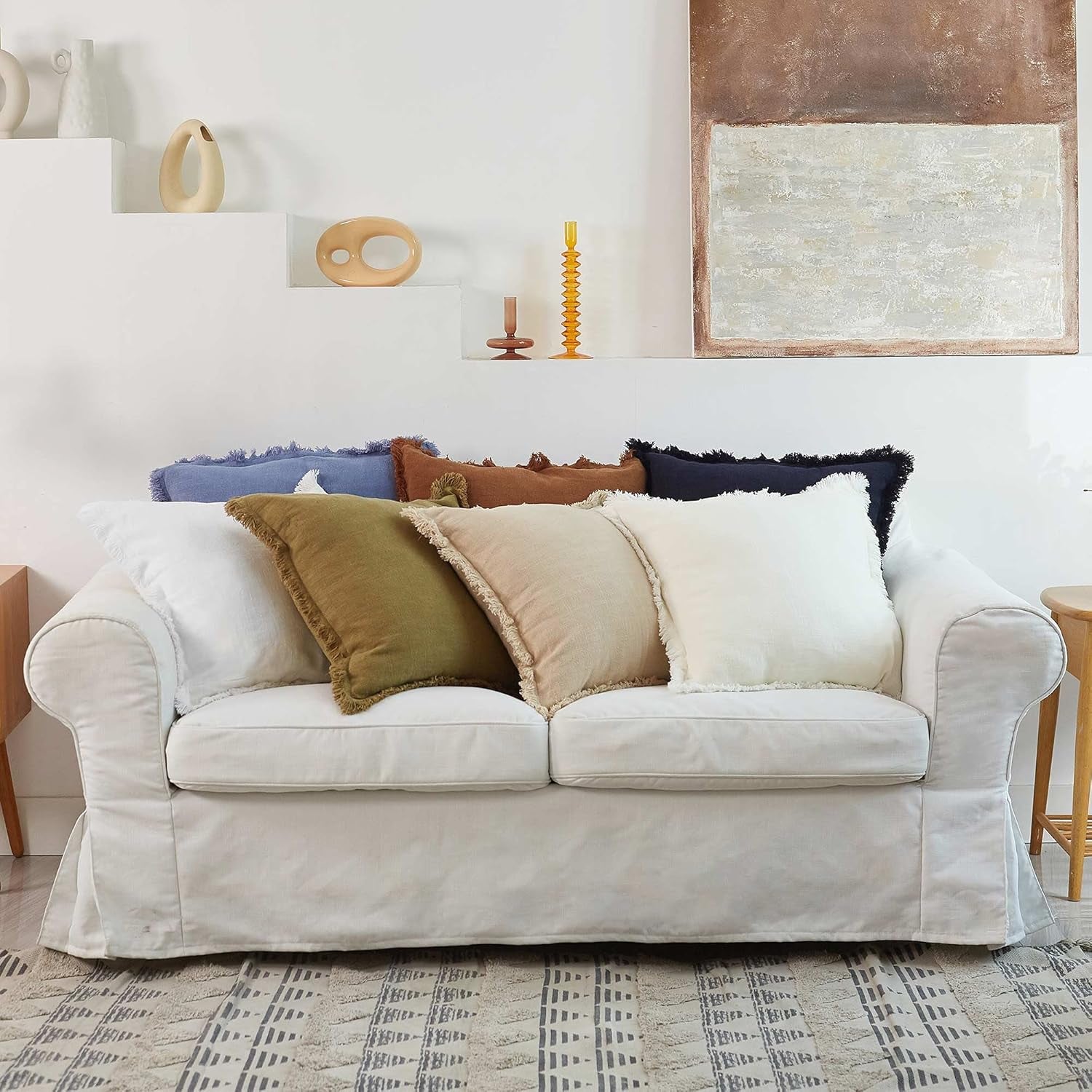 Linen Pillow Cover with Tassels 20 X 20 off White Decorative Throw Pillow Cover for Couch Sofa Bed and Outdoor