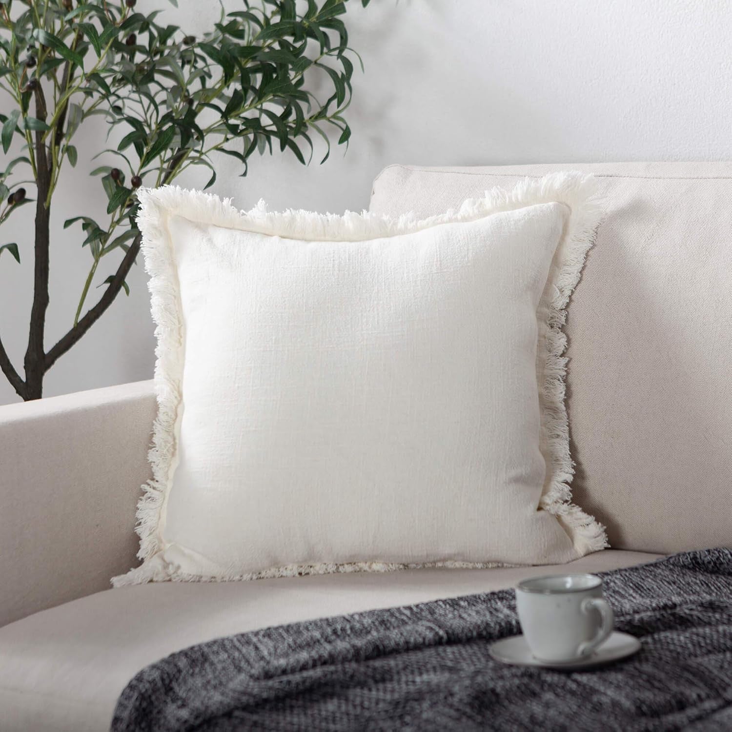 Linen Pillow Cover with Tassels 20 X 20 off White Decorative Throw Pillow Cover for Couch Sofa Bed and Outdoor