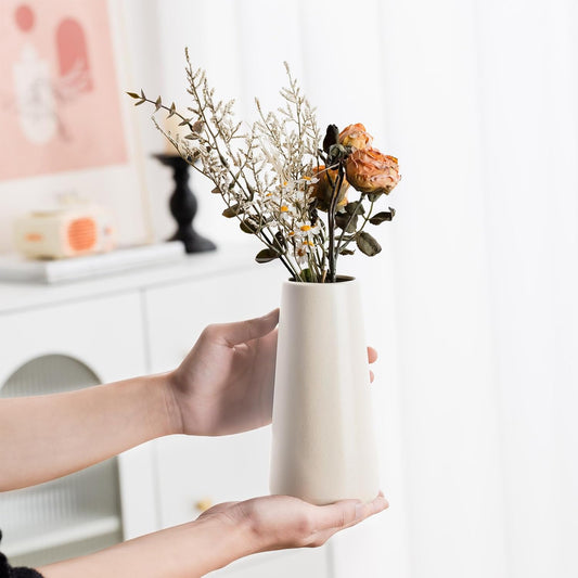 Beige Ceramic Vase - 8" Neutral Home Decor Accent, Boho Off-White Design, Cream Vases for Floral Arrangements, Minimalist Modern Ivory Centerpieces for Living Room and Bedroom Decor