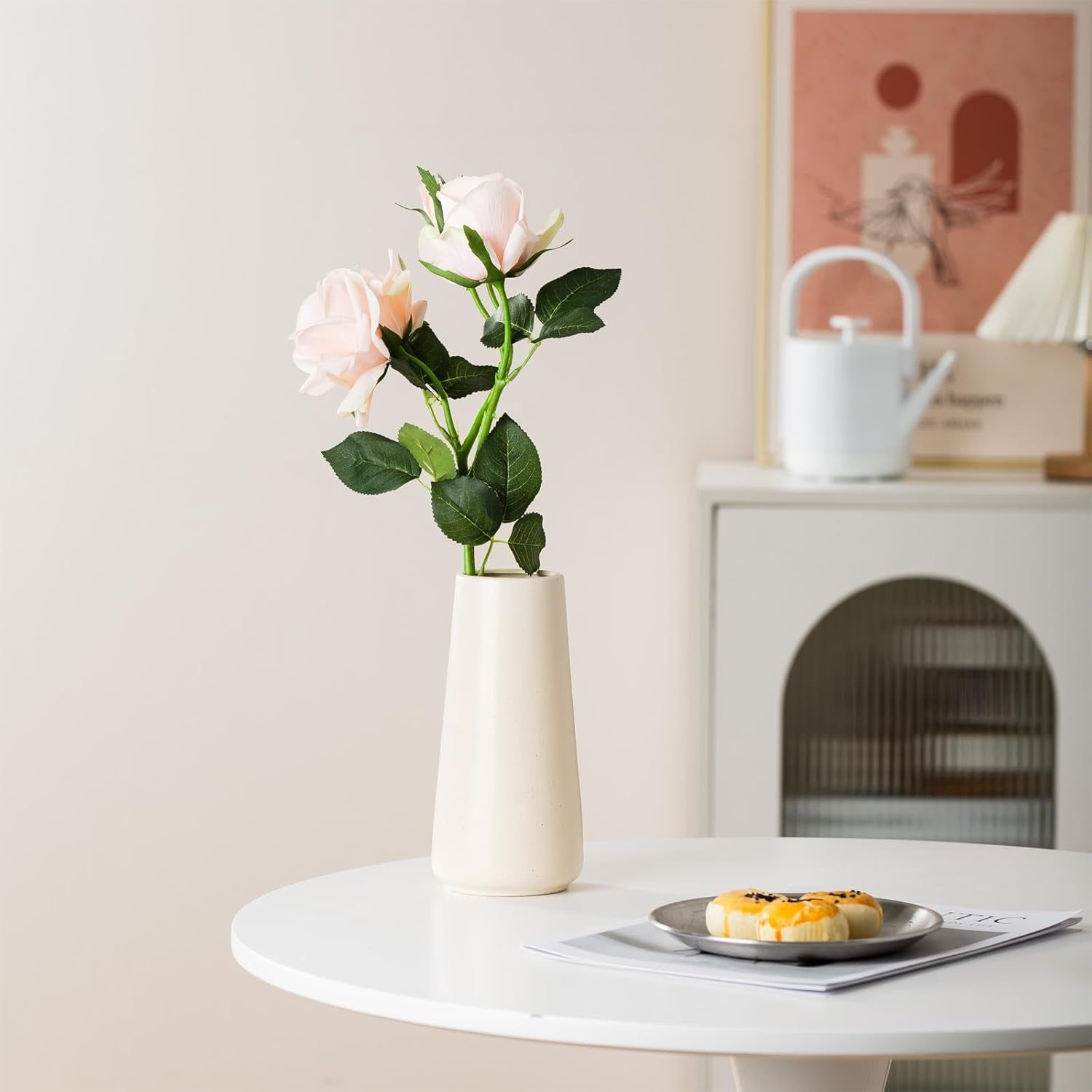 Beige Ceramic Vase - 8" Neutral Home Decor Accent, Boho Off-White Design, Cream Vases for Floral Arrangements, Minimalist Modern Ivory Centerpieces for Living Room and Bedroom Decor