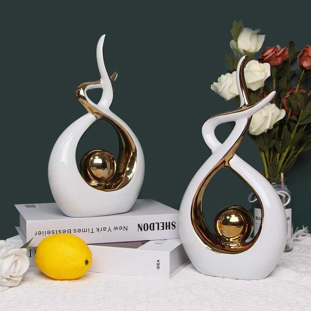 Home Decor Modern Abstract Art Ceramic Statue Table Decorations for Dining Room Living Room Office Centerpiece (White and Gold, Small)