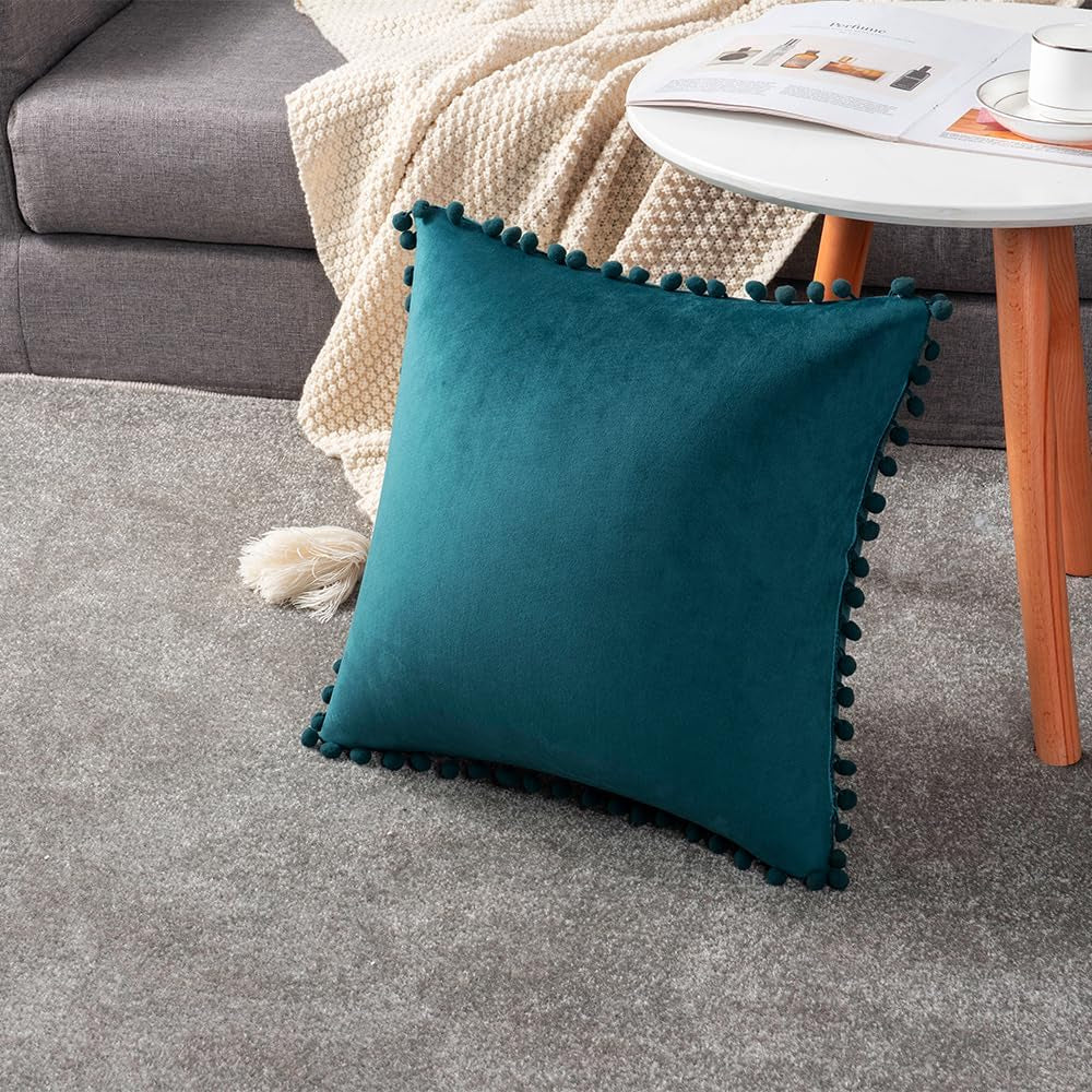 Throw Pillow Cases 18X18 Teal: 2 Pack Cozy Soft Pom-Poms Velvet Square Decorative Pillow Covers for Farmhouse Home Decor