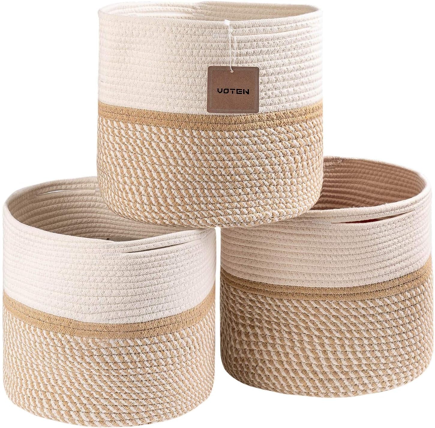 Cube Storage Baksets Bins 11X11’’ Fit 12X12’’ Organizer Bookcases Shelving,Stylish&Durable Woven Cotton Basket Containers for Organizing 3-Pack off White/Mixed Camel
