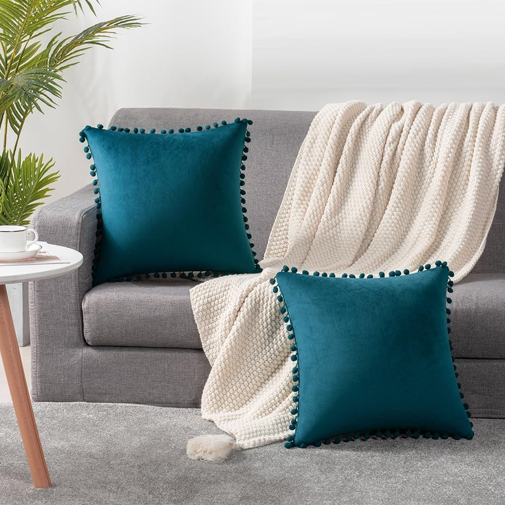 Throw Pillow Cases 18X18 Teal: 2 Pack Cozy Soft Pom-Poms Velvet Square Decorative Pillow Covers for Farmhouse Home Decor