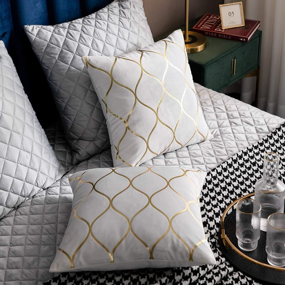 Gold Velvet Throw Pillow Covers off White: 2 Pack 16X16 Inch Square Decorative Pillow Cases for Bedroom Sofa Couch Living Room