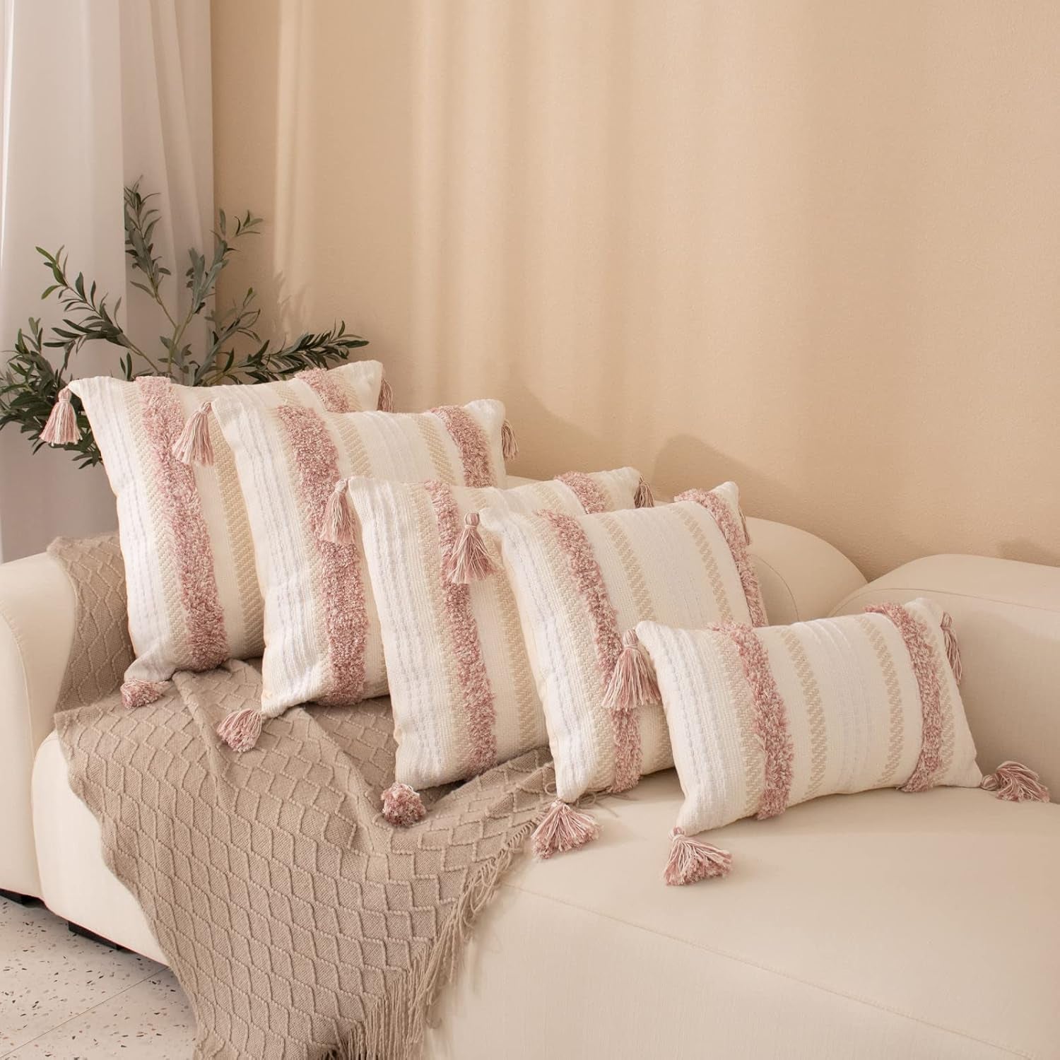 Boho Throw Pillow Covers Tufted Decorative Pillows Cover for Couch Bed Small Lumbar 12 X 20 Inch Pillow Cover, Modern Accent Farmhouse Neutral Throw Pillow Case, Pink