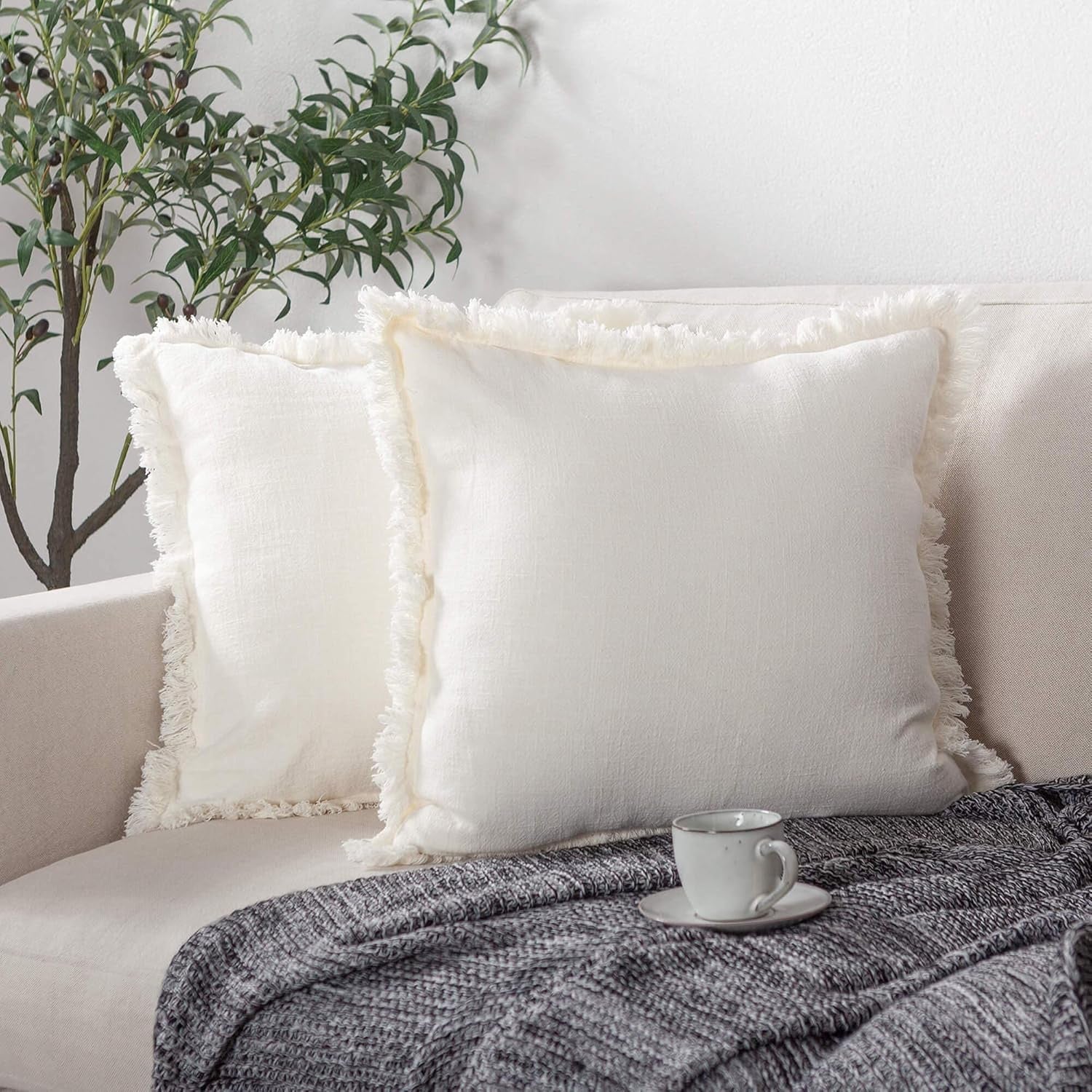 Linen Pillow Cover with Tassels 20 X 20 off White Decorative Throw Pillow Cover for Couch Sofa Bed and Outdoor
