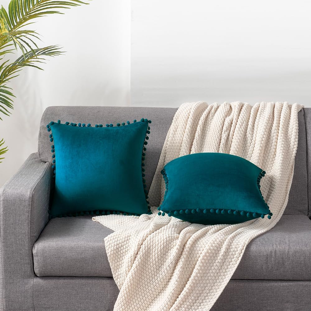 Throw Pillow Cases 18X18 Teal: 2 Pack Cozy Soft Pom-Poms Velvet Square Decorative Pillow Covers for Farmhouse Home Decor