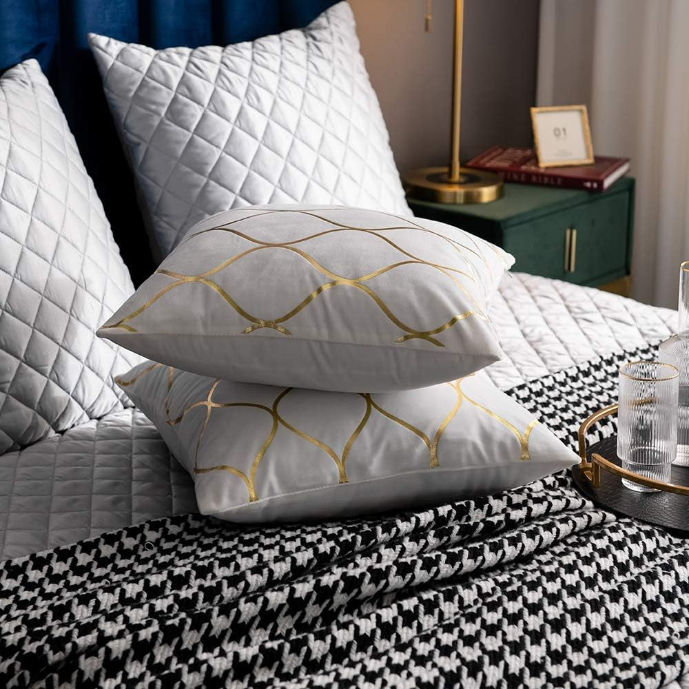 Gold Velvet Throw Pillow Covers off White: 2 Pack 16X16 Inch Square Decorative Pillow Cases for Bedroom Sofa Couch Living Room