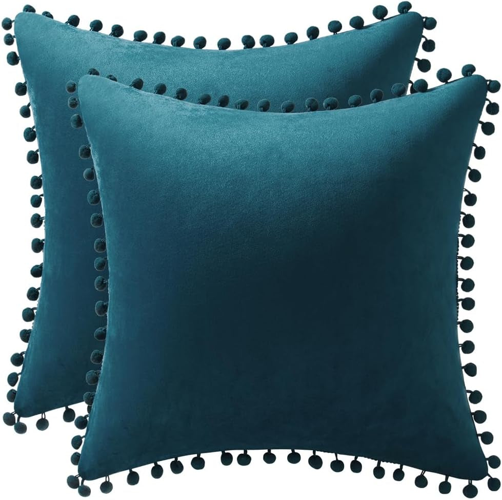 Throw Pillow Cases 18X18 Teal: 2 Pack Cozy Soft Pom-Poms Velvet Square Decorative Pillow Covers for Farmhouse Home Decor