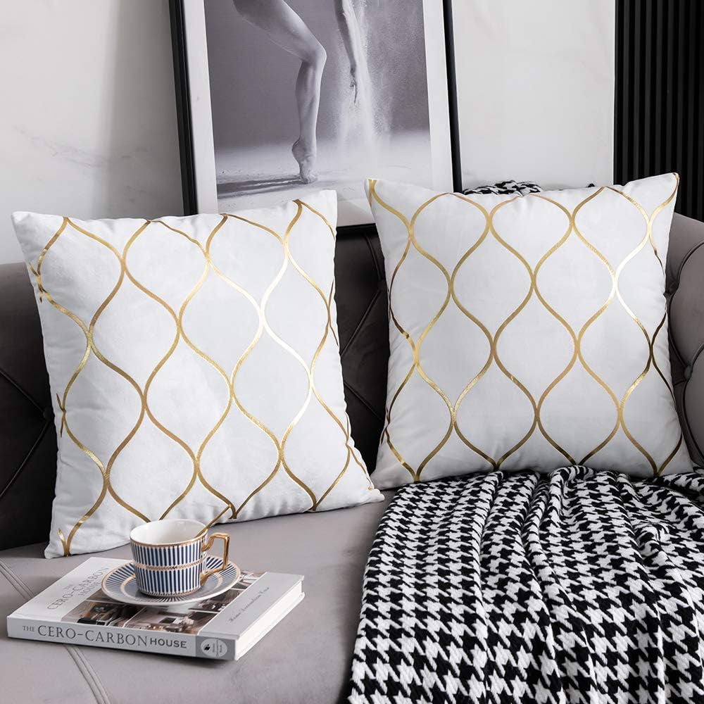 Gold Velvet Throw Pillow Covers off White: 2 Pack 16X16 Inch Square Decorative Pillow Cases for Bedroom Sofa Couch Living Room