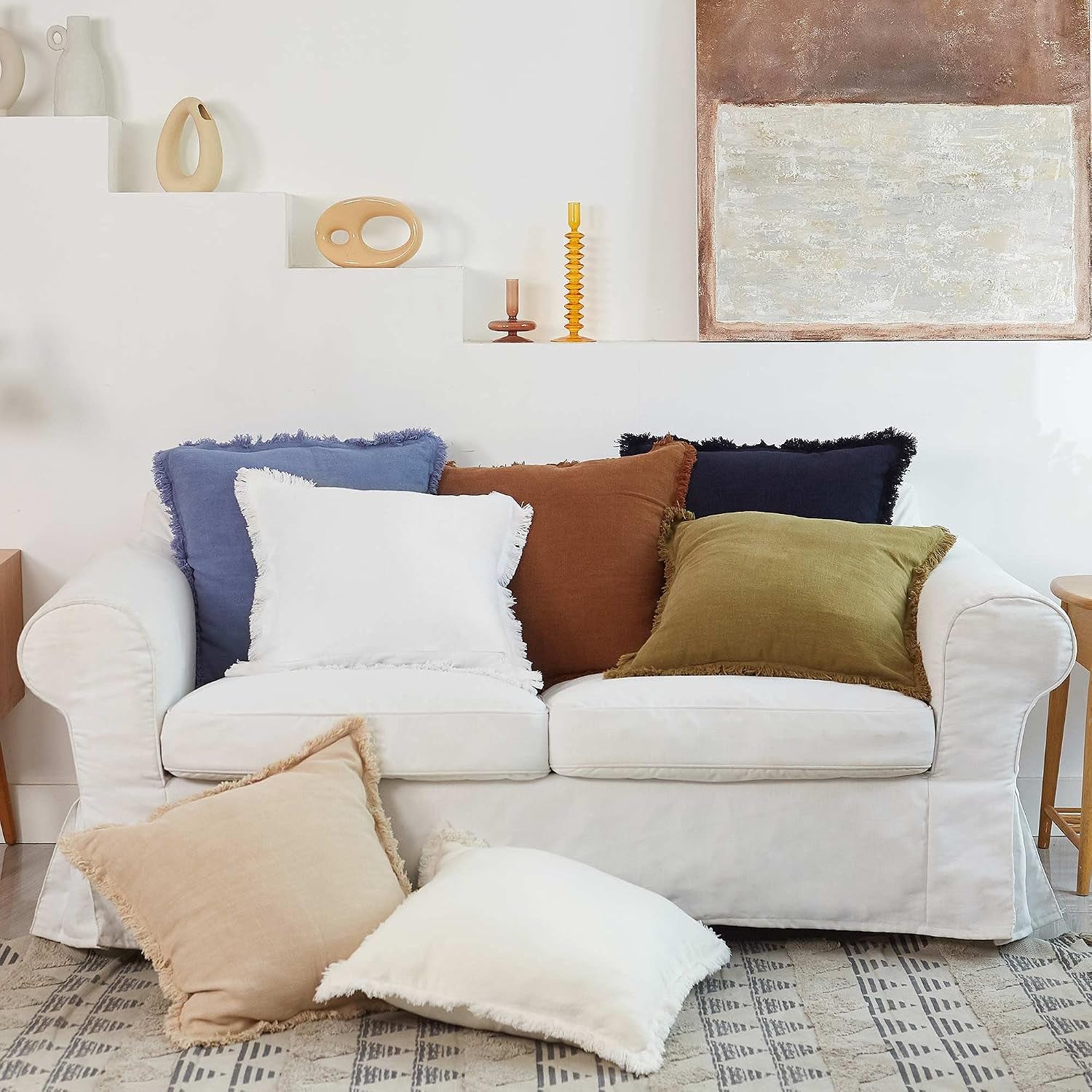 Linen Pillow Cover with Tassels 20 X 20 off White Decorative Throw Pillow Cover for Couch Sofa Bed and Outdoor