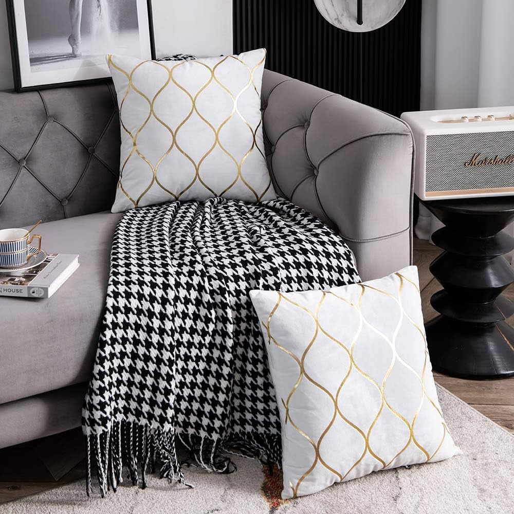 Gold Velvet Throw Pillow Covers off White: 2 Pack 16X16 Inch Square Decorative Pillow Cases for Bedroom Sofa Couch Living Room