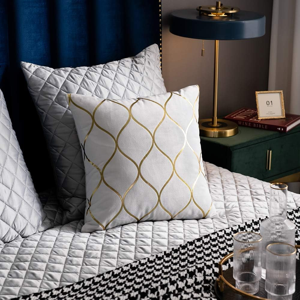Gold Velvet Throw Pillow Covers off White: 2 Pack 16X16 Inch Square Decorative Pillow Cases for Bedroom Sofa Couch Living Room